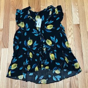 Jessica Simpson Black Blouse with Yellow and Blue lemon Leaf Print